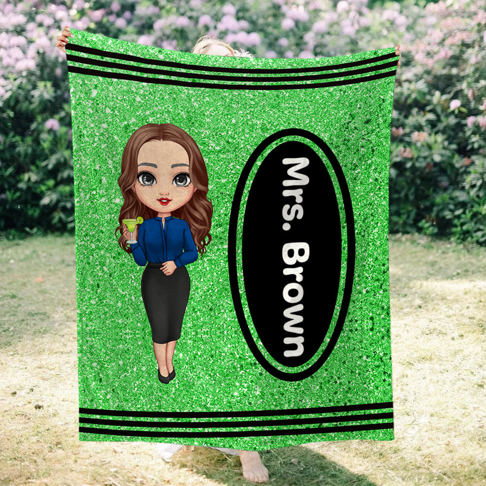 Manta blanda personalizada con nombre en forma de crayón de colores y purpurina Regalo de vuelta al cole para profesores