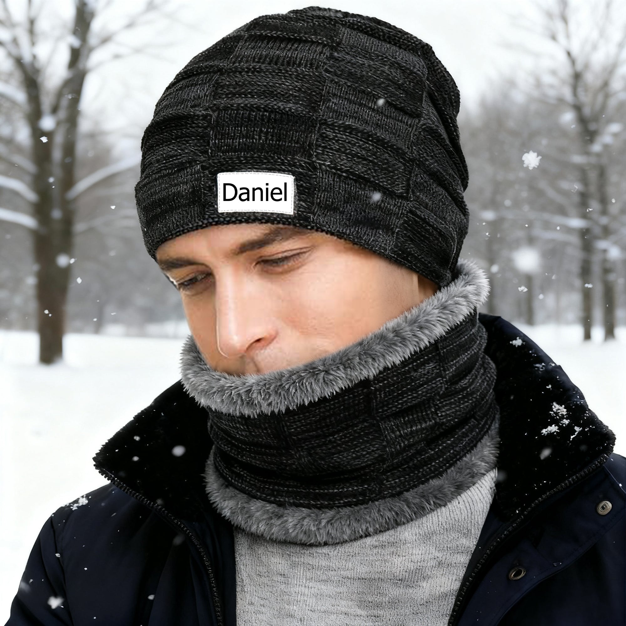 Set de gorro y braga de cuello personalizados con nombre Grueso Accesorio para actividades al aire libre Regalo de cumpleaños Navidad para hombre Mujer