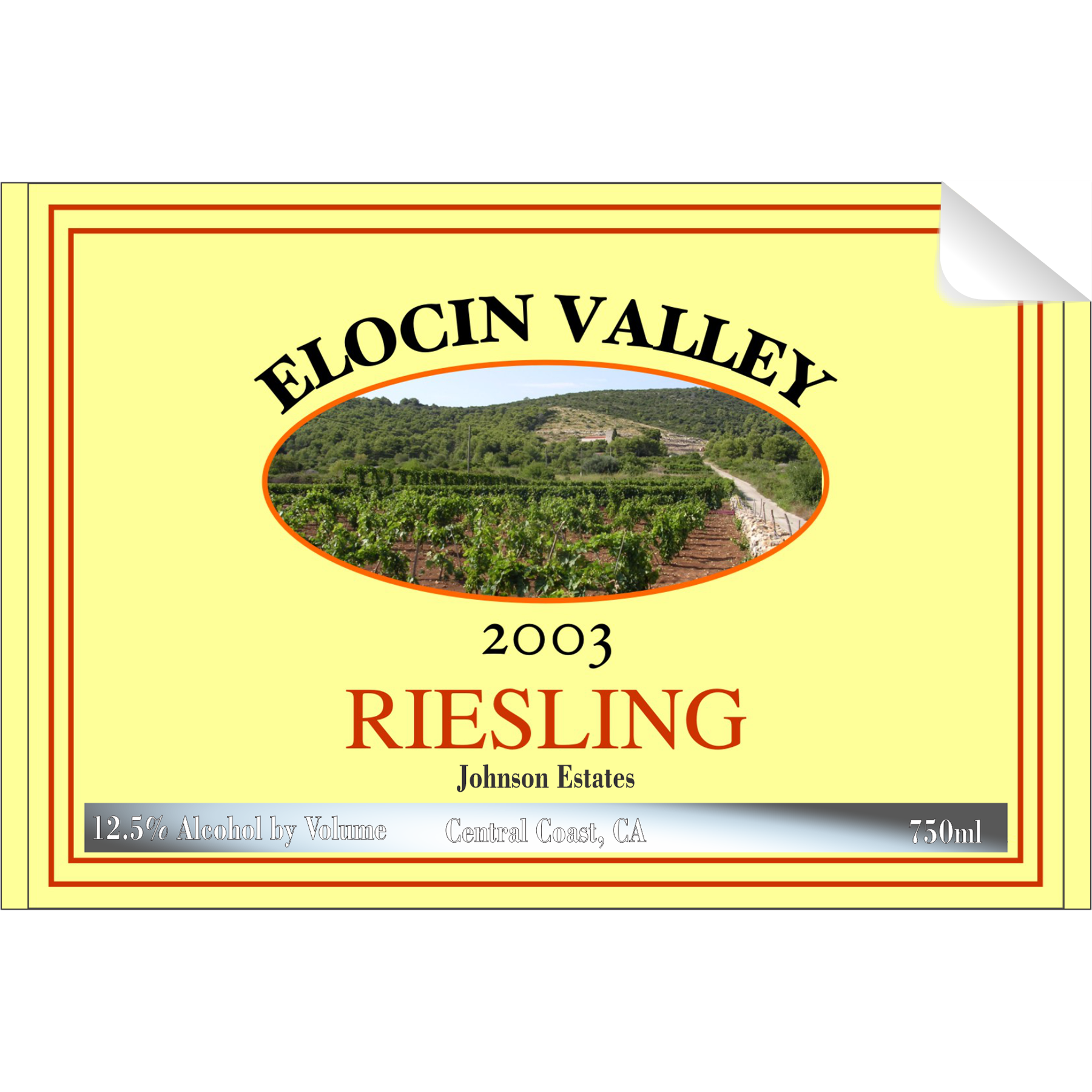 Elocin Valley Riesling Single Self Adhesive Label - License and Royalty Free for Film Use By Prop Money Inc.
