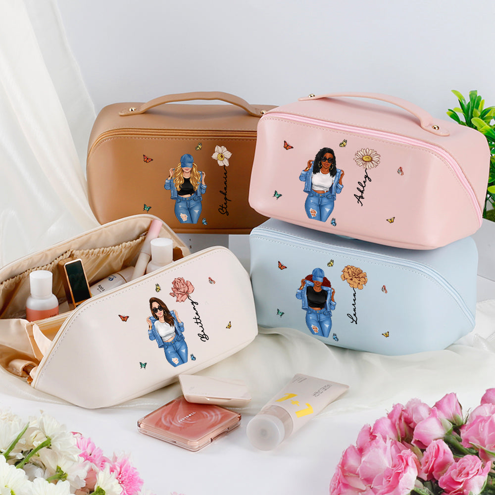 Personalizado cumpleaños de flores de dibujos animados Chica de cuero de apertura amplia bolsa de cosméticos con el nombre impreso de viaje de almacenamiento de cumpleaños de regalo adecuado para las
