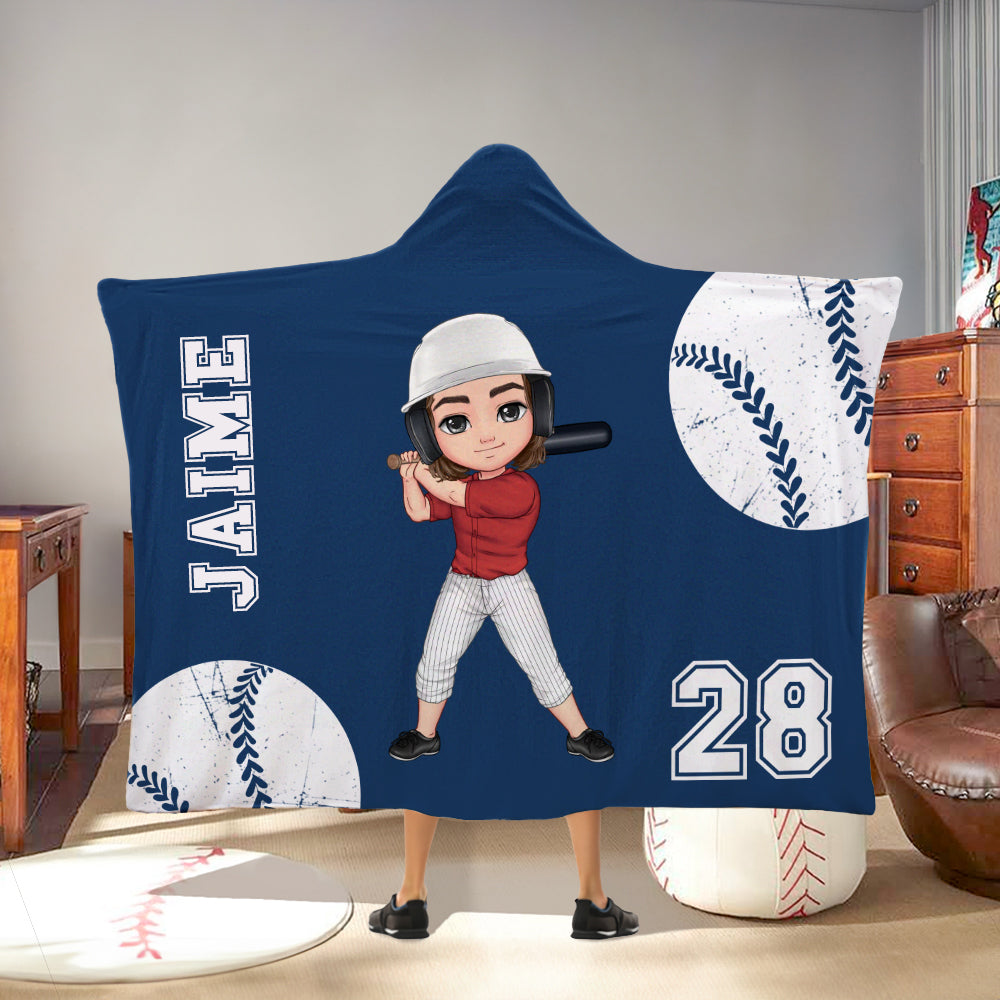 Manta con capucha personalizada de béisbol con nombre y personaje de dibujos animados regalo de cumpleaños día del juego para amantes de los deportes