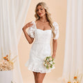 Bridal Wedding Dress White Short Sleeve Mini Square Sheath Lace