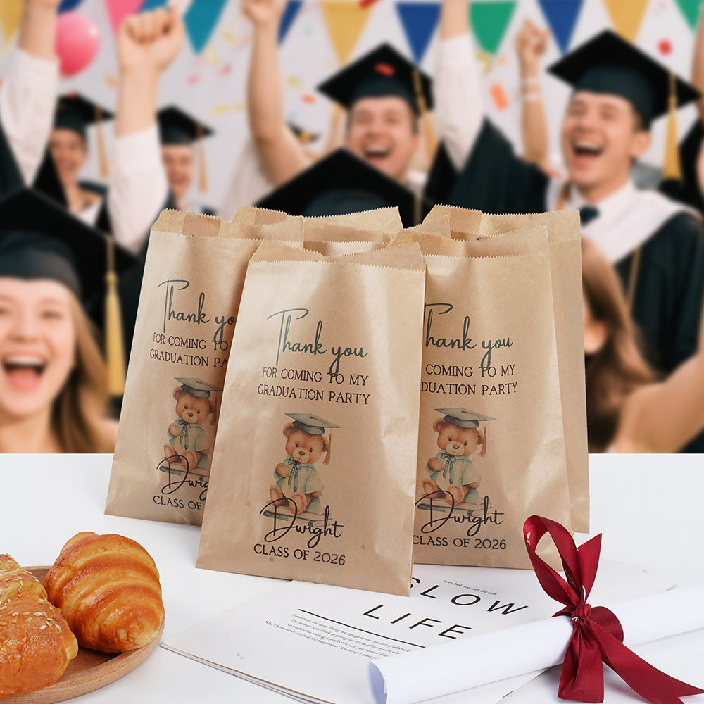 Set de 20 bolsas de papel de calidad alimentaria personalizadas con el osito de peluche de la gorra de graduación Regalo de graduación para los graduados de la promoción 2026