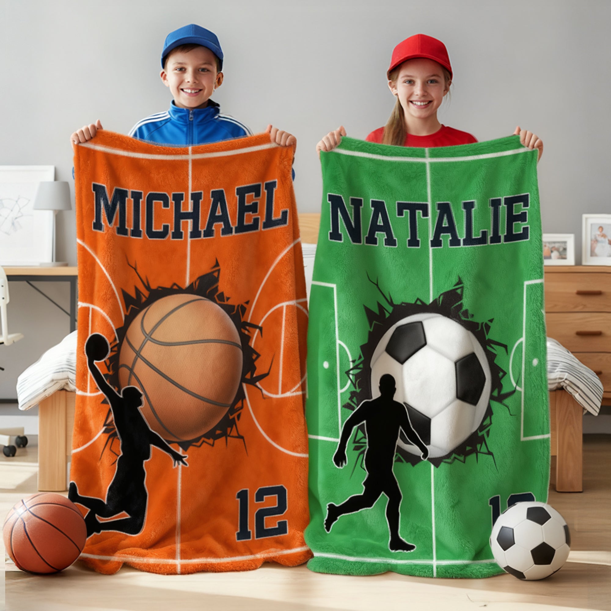 Manta blanda personalizada de béisbol, fútbol y baloncesto con nombre y número Decoración del hogar Regalo de cumpleaños para los amantes del deporte
