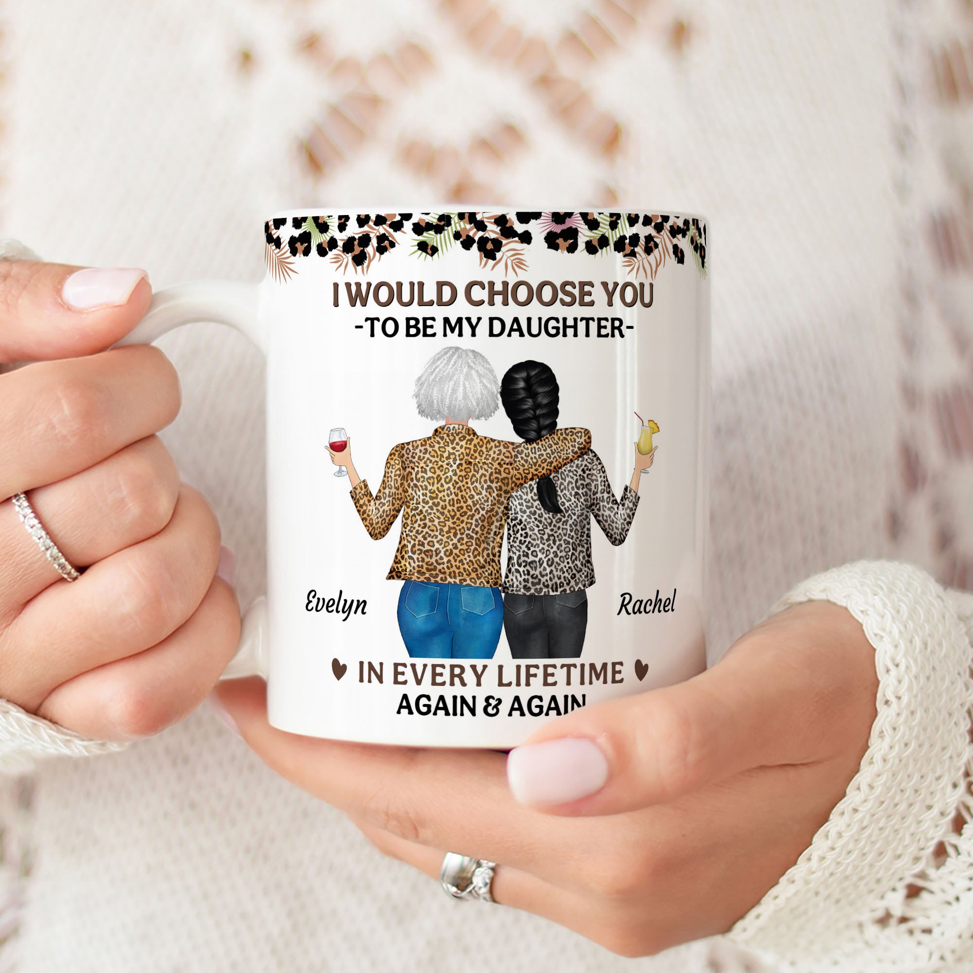 Personalizada Leopard Print Cartoon Character 11 oz 15 oz Taza de café de cerámica con nombre Cumpleaños Aniversario Regalo para Madre Hija