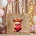 Personalizado lindo corazón del amor Highland Vaca Bolsa grande de yute con nombre Día de San Valentín cumpleaños regalo para la familia amigo amante de la vaca