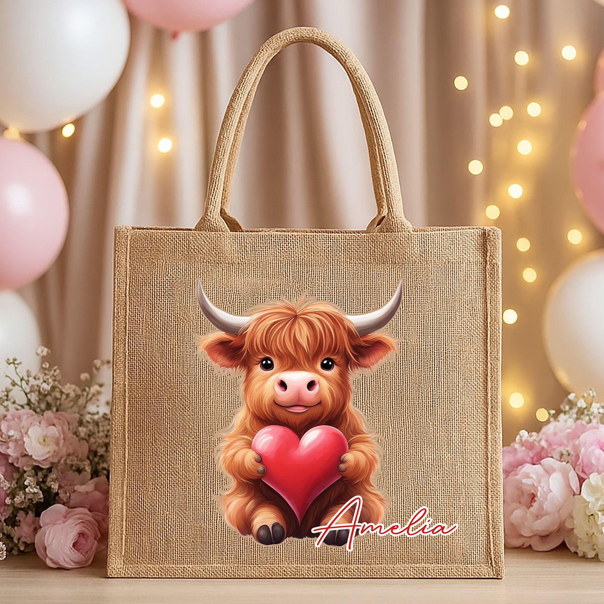 Personalizado lindo corazón del amor Highland Vaca Bolsa grande de yute con nombre Día de San Valentín cumpleaños regalo para la familia amigo amante de la vaca
