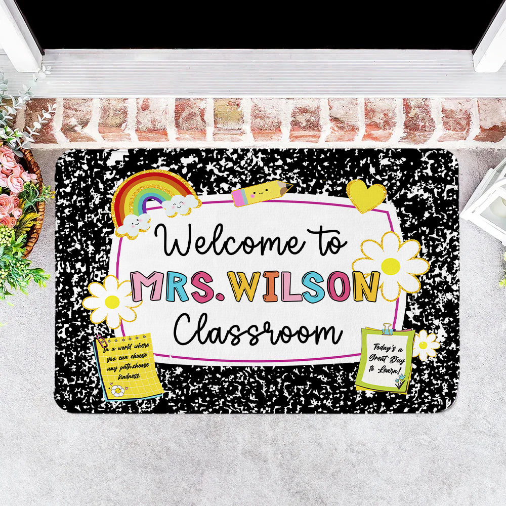 Felpudo antideslizante personalizado con texto en forma de arco iris multicolor de bienvenida al aula Día del Profesor Regalo de vuelta al cole para el profesor