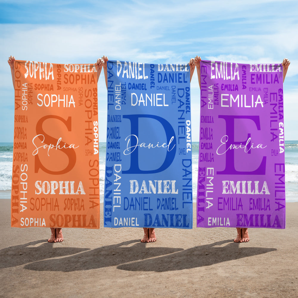 Personalizada multicolor de secado rápido de gran tamaño de microfibra Nombre de la nube de palabras Toalla de playa de vacaciones de viaje esencial regalo de cumpleaños para los amigos de la familia