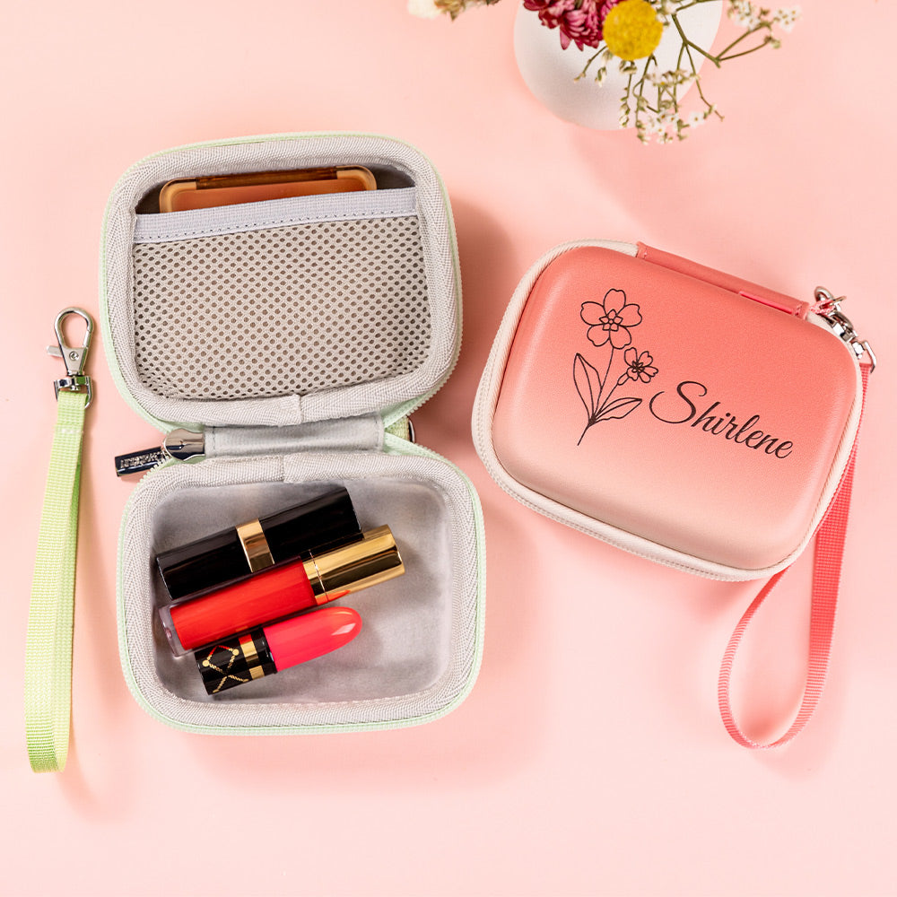 Personalizado Nacimiento Flor de mano de cuero de la PU portátil caja de almacenamiento con el nombre y el cordón de viaje Accesorios Boda Cumpleaños Regalo para Mujeres Niñas