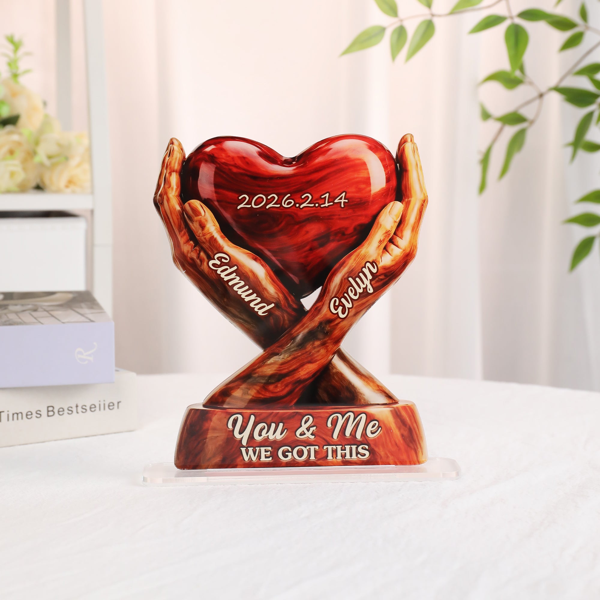 Manos Entrelazadas Personalizado Corazón Acrílico Adorno con Nombres y Fecha Decoración de Escritorio Aniversario San Valentín Regalo para Pareja
