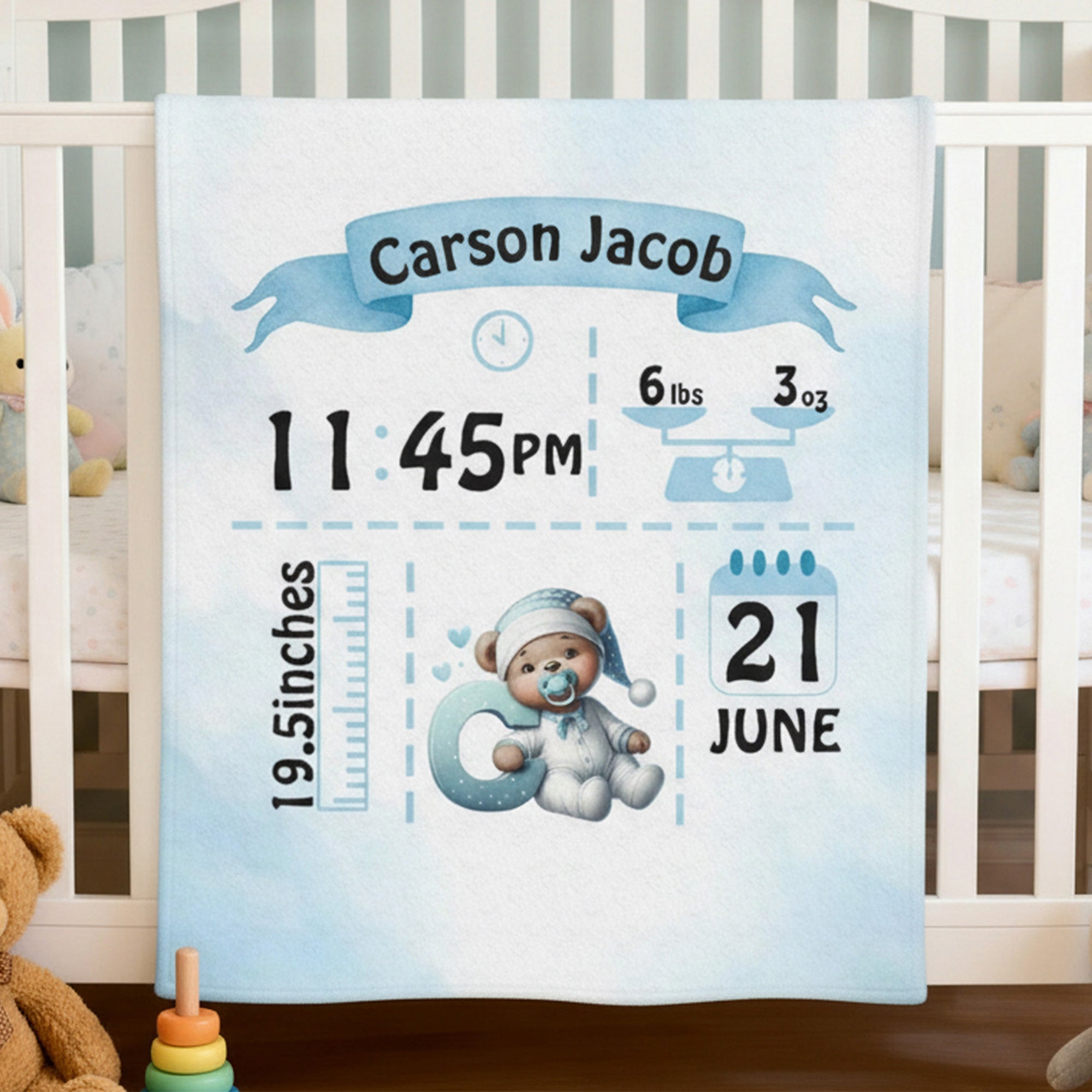 Manta suave personalizada con iniciales de osito con nombre e información de nacimiento Decoración de habitación infantil Regalo de cumpleaños para recién nacidos