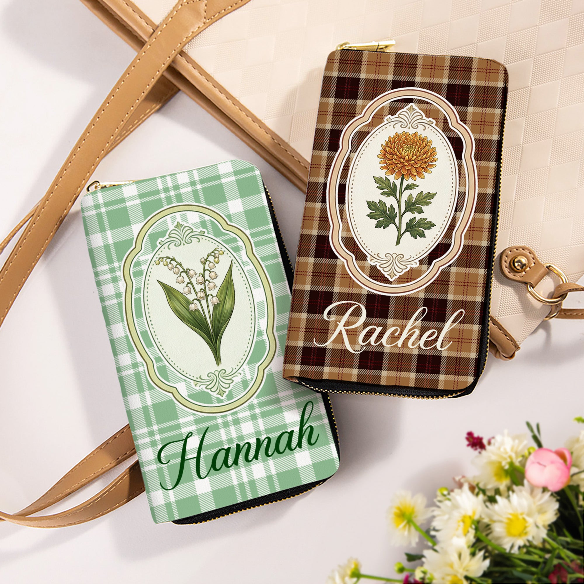 Personalizado Exquisito Vintage Plaid Nacimiento Flor Multi-Compartimiento PU Cartera de cuero con nombre Día de la Madre Cumpleaños Regalo para Mamá Abuela