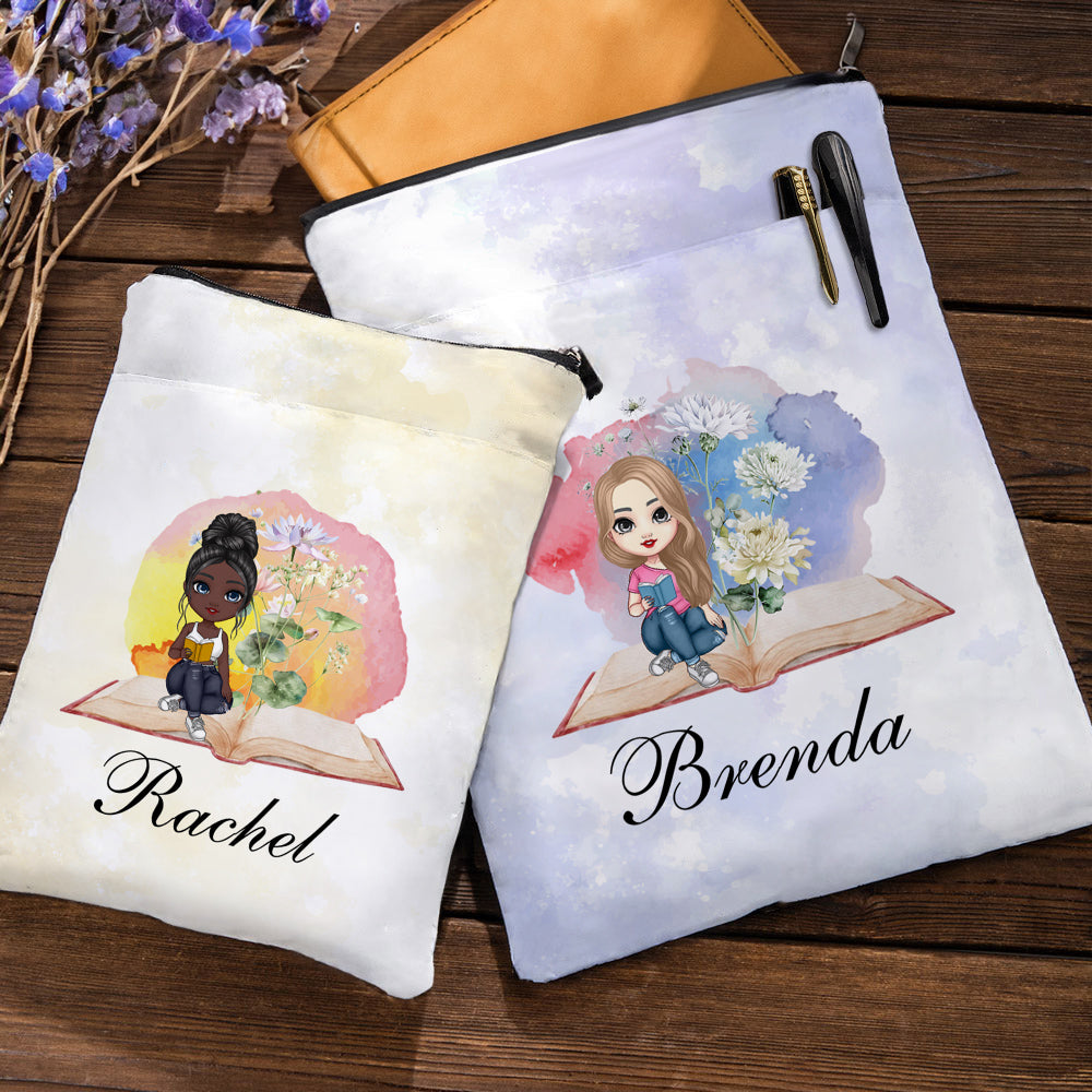 Funda Protectora para Libros con Nombre y Bolsillo Delantero Personalizada Acuarela Dibujos Animados Niña Leyendo Flor de Nacimiento Regalo de Cumpleaños para los Amantes de los Libros