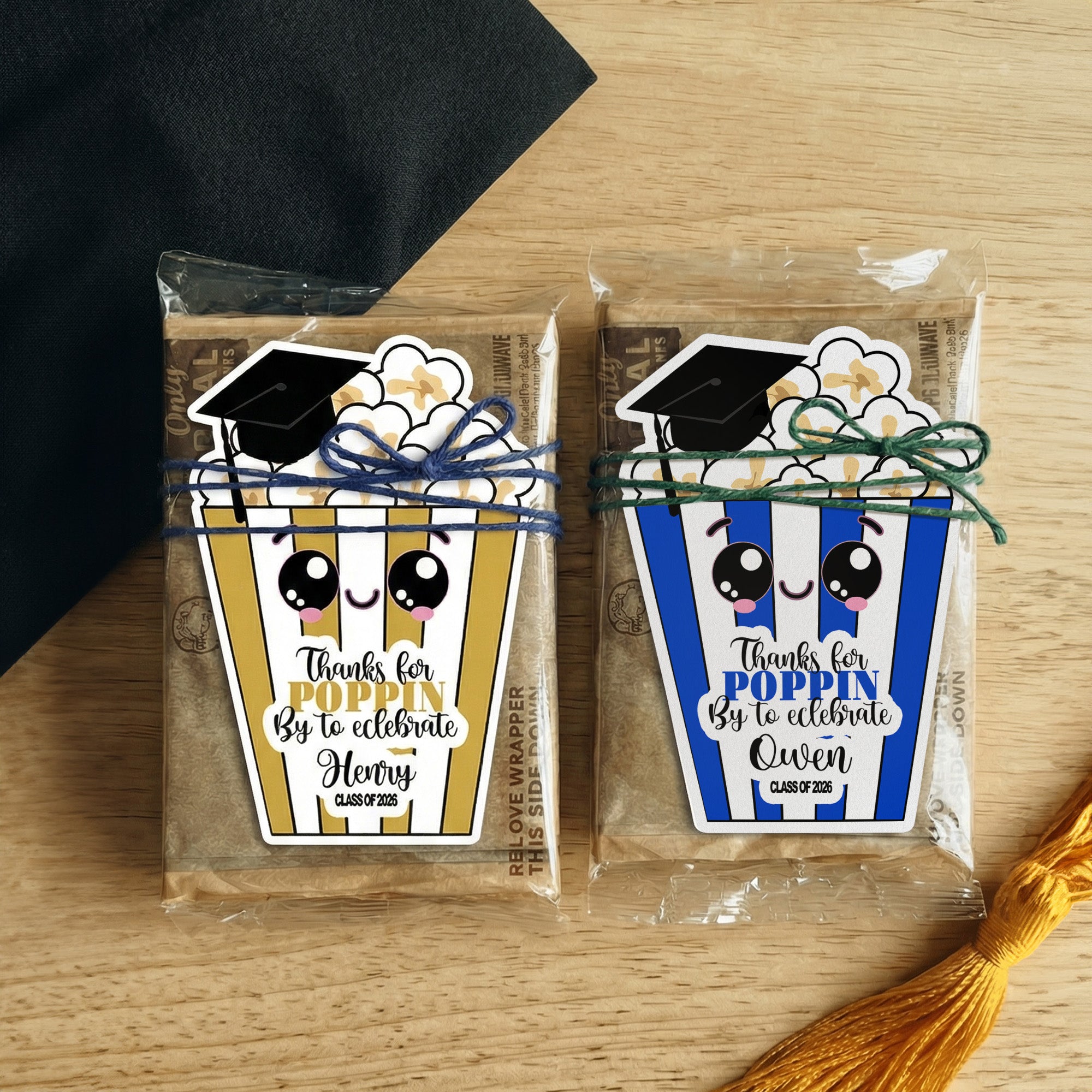 Personalizado Gracias por Poppin Por celebrar palomitas de maíz Etiquetas con nombre Graduación Fiesta Favor para Graduados Amigos