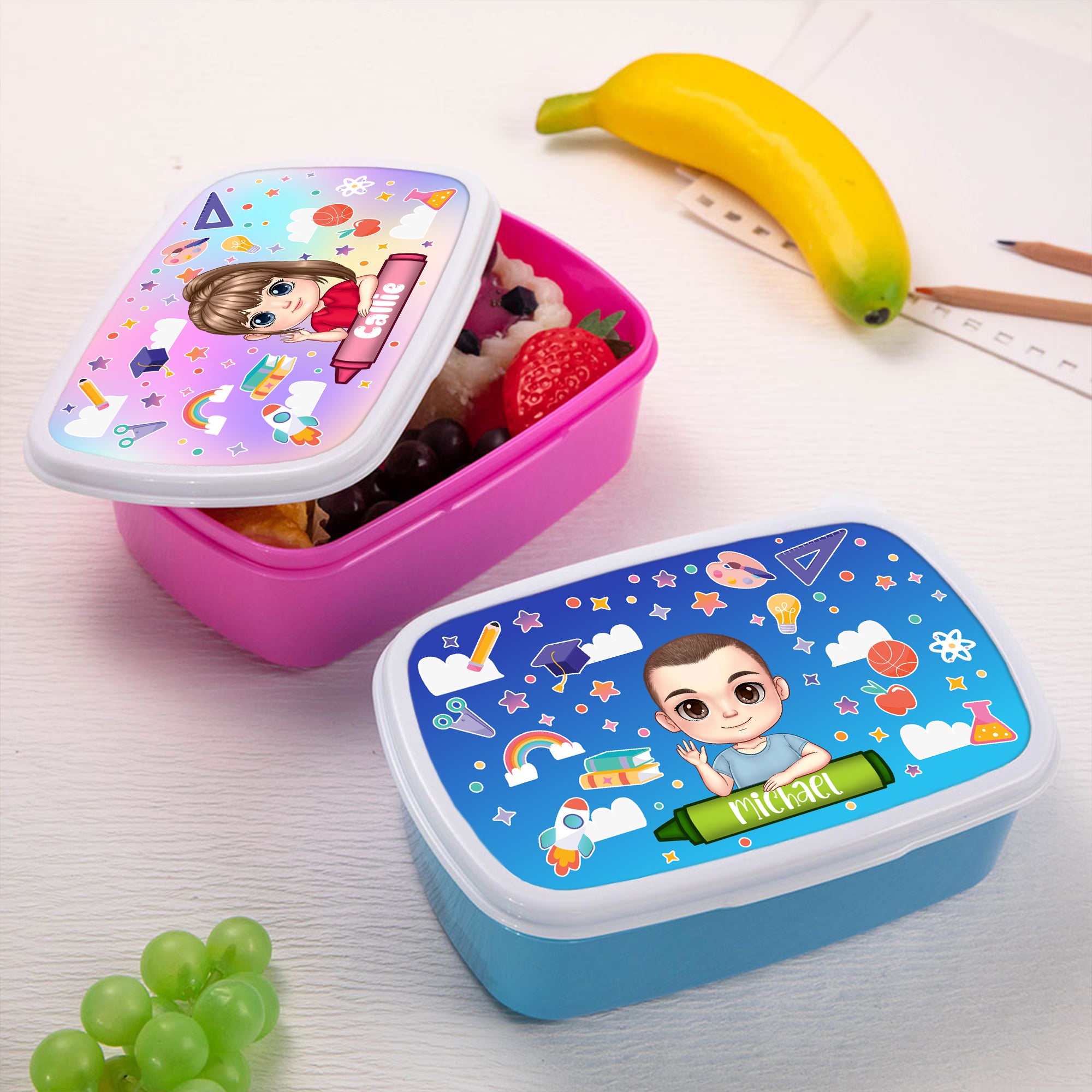 Fiambrera Personalizada Multicolor de Crayones de Caricatura con Nombre para Uso Diario Regalo de Cumpleaños de Vuelta al Cole para Niños Niñas