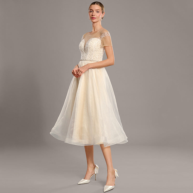 Bridal Wedding Dress Ivory-Cream Short Sleeve Short A-line Tulle