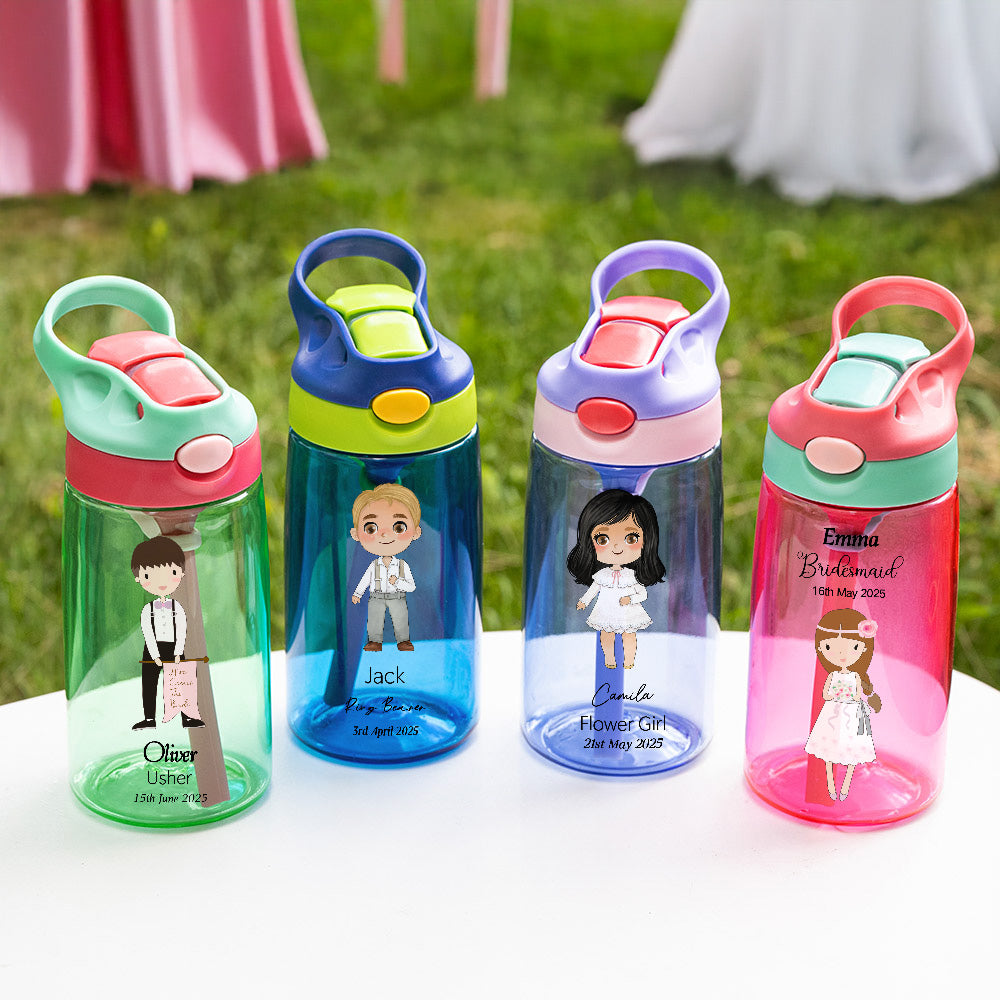Personalizado lindo personaje de dibujos animados 16 oz botella de agua con el nombre y la fecha de la boda regalo para las niñas