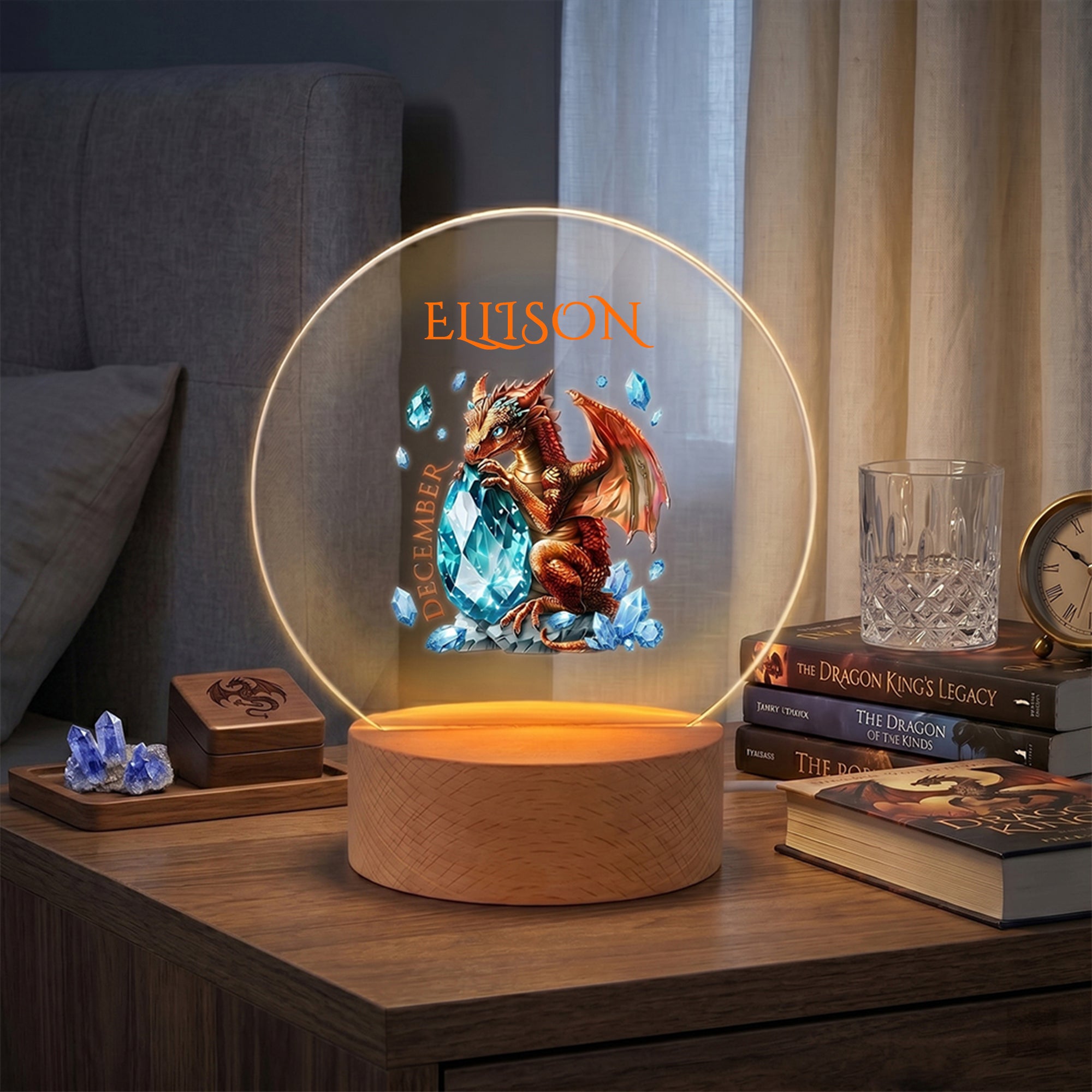 Dragón personalizado piedra de nacimiento de acrílico LED de luz de noche con base de madera y el nombre de la guardería Decoración Baby Shower Cumpleaños de regalo para los niños