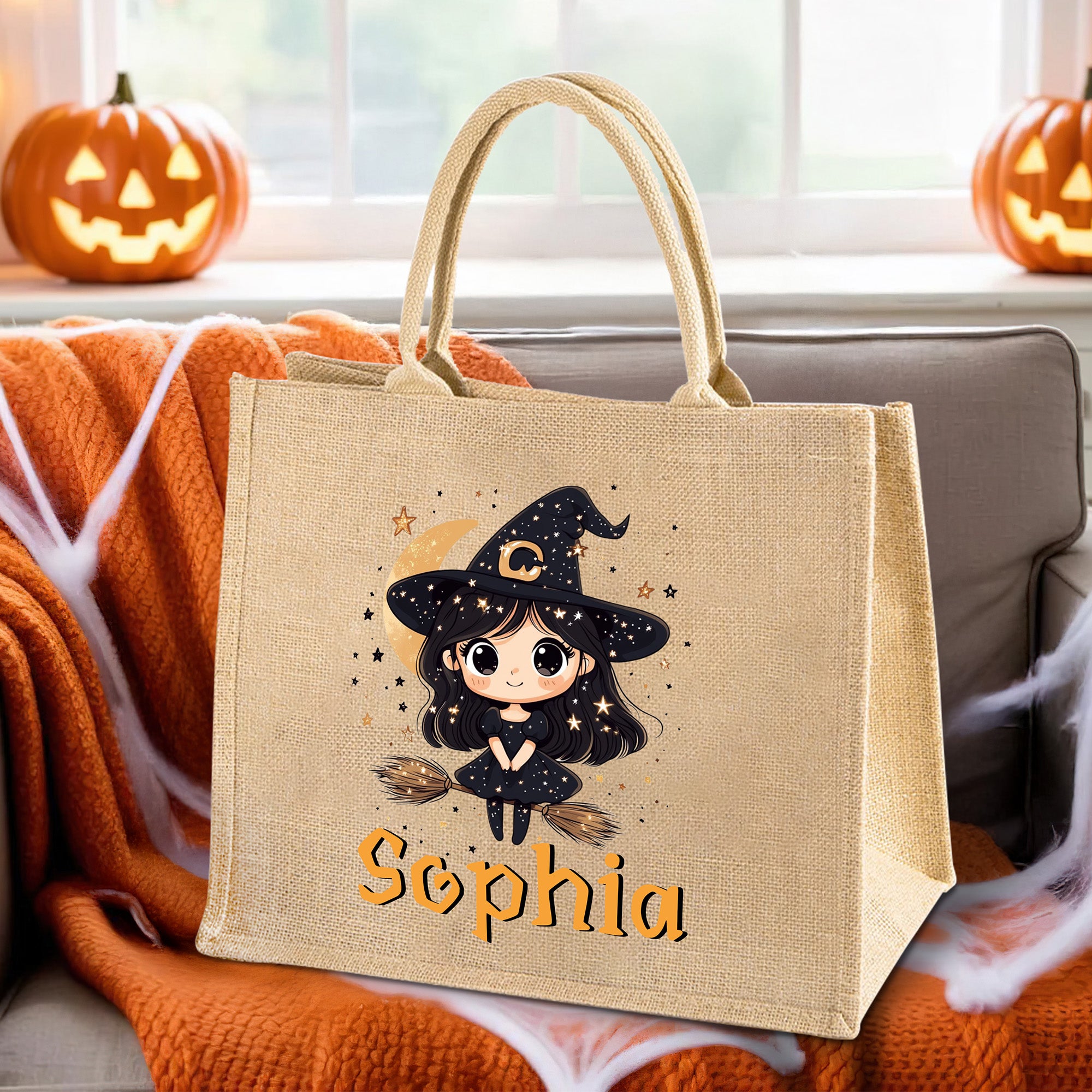 Personalizado Lindo Dibujo Bruja Bolsa de Yute con Nombre Fiesta de Halloween Regalo para Niñas Mujeres