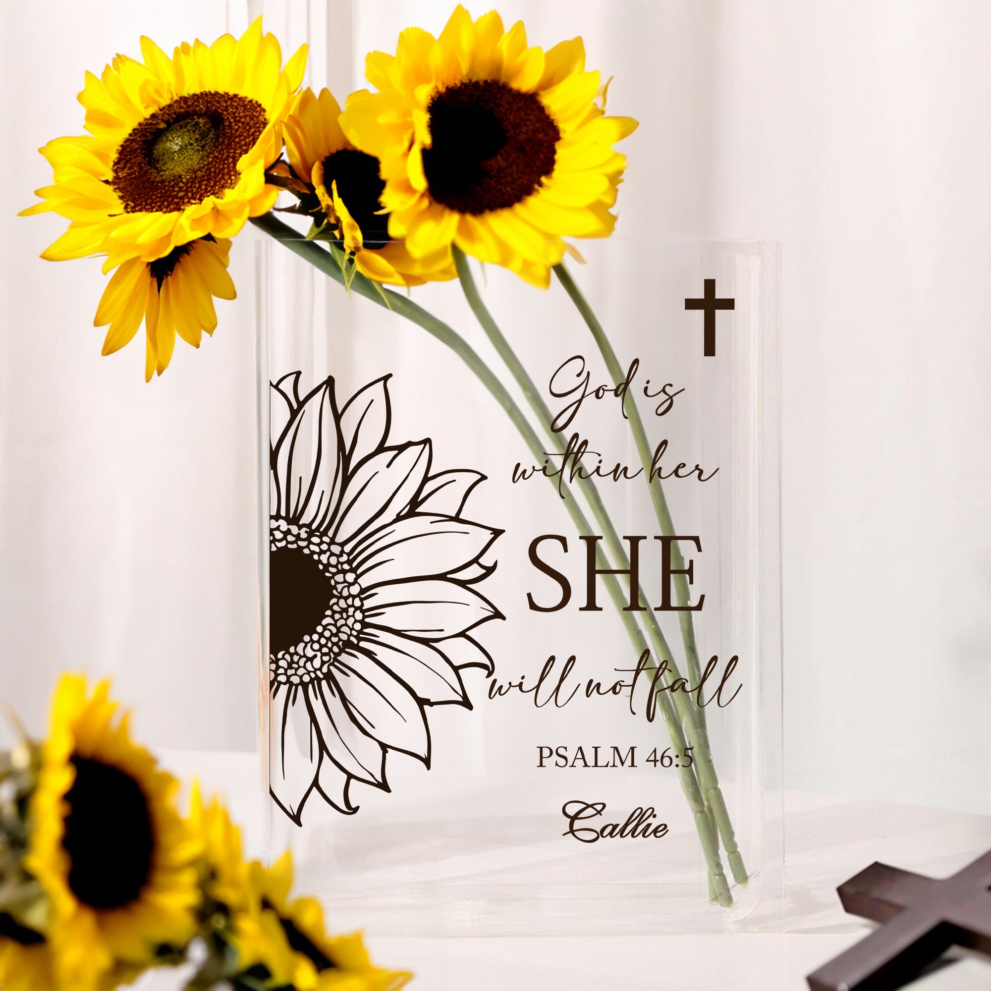 Girasol Personalizado Cruz Citas de la Biblia Claro Libro Jarrón con Nombre Estética Decoración de la habitación Bautizo Cumpleaños Regalo para Mujeres Cristianas