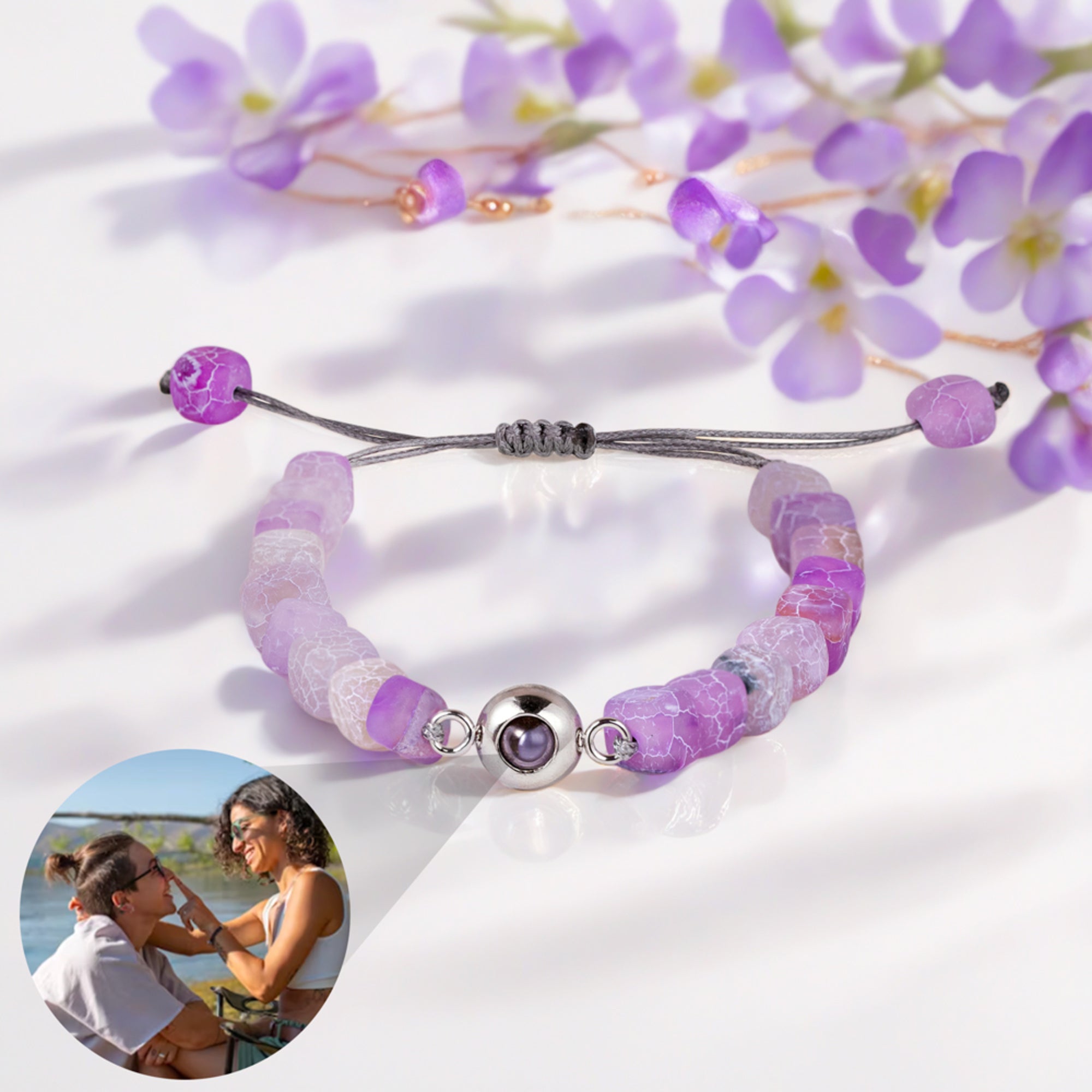 Personalizada Foto Proyección Multicolor Ajustable Mate Ágata Pulsera Joyería Delicada Aniversario Cumpleaños Regalo para Mujer