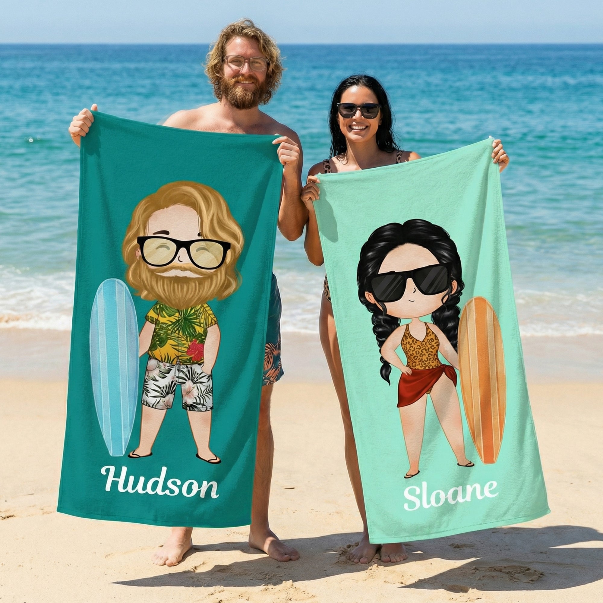 Toalla de playa de gran tamaño, suave y de secado rápido, personalizada con el nombre de un personaje de dibujos animados Vacaciones de verano Fiesta en la playa Cumpleaños Regalo para la familia Amig