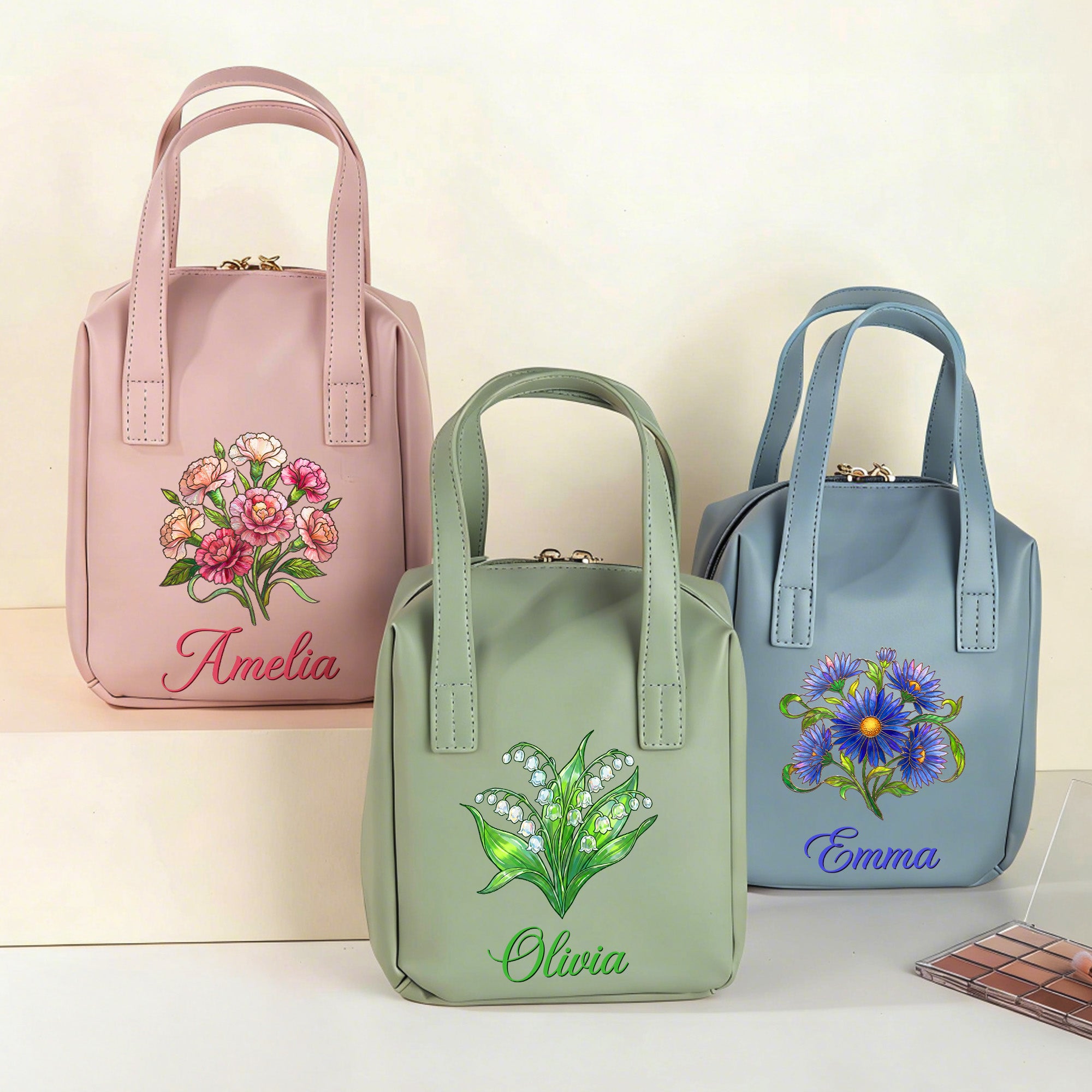 Personalizado Nacimiento Flor Bolsa de maquillaje portátil de cuero de la PU con el nombre y el mango Día de la Madre de regalo de cumpleaños para las mujeres