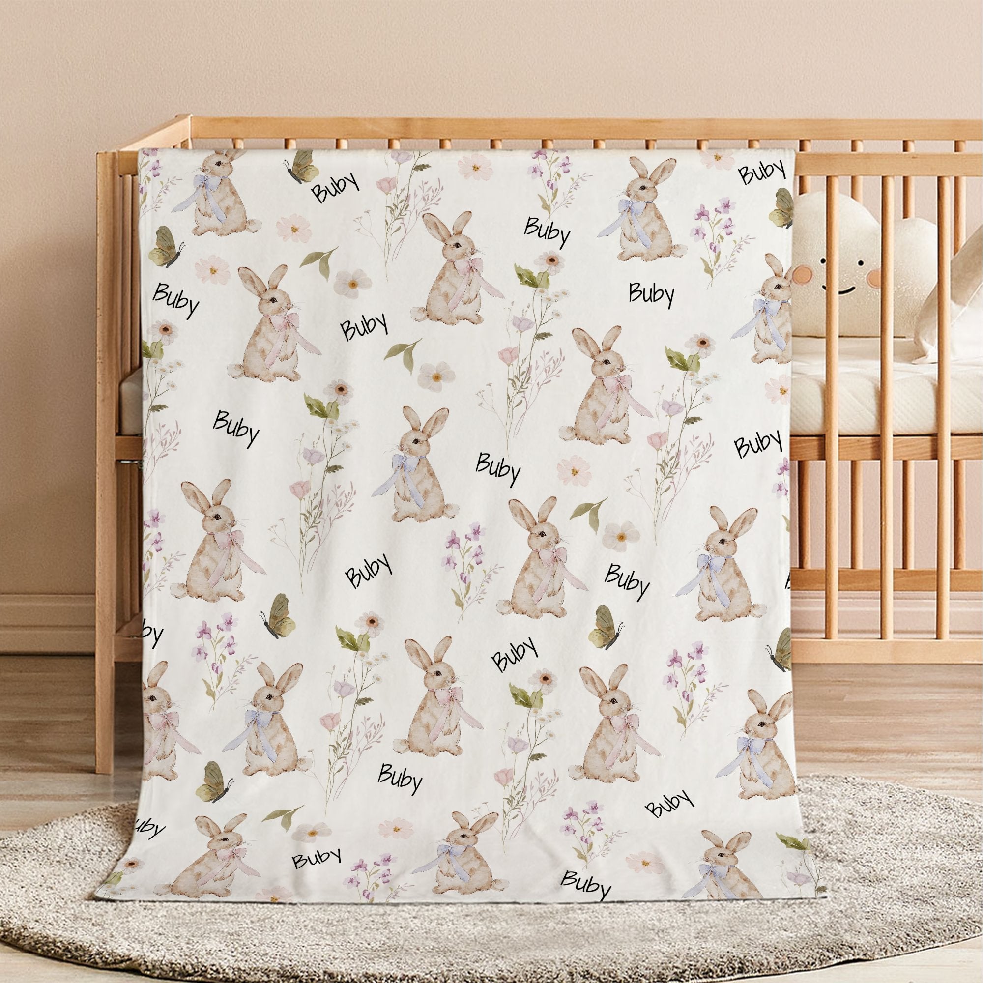 Personalizado Wildflower conejo suave manta con nombre decoración del hogar aniversario cumpleaños regalo para la familia bebé