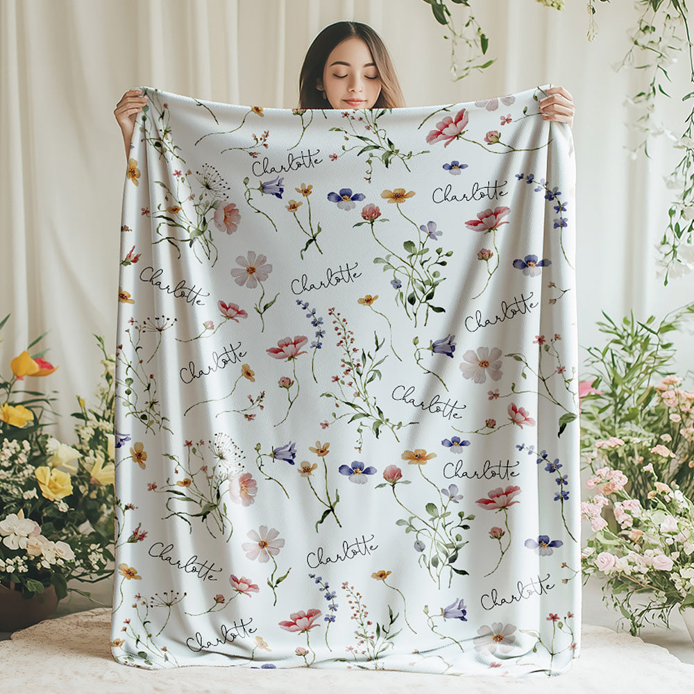 Manta personalizada de flores silvestres estilo bohemio con nombre Decoración del hogar Baby Shower Regalo de cumpleaños para mujeres Niñas