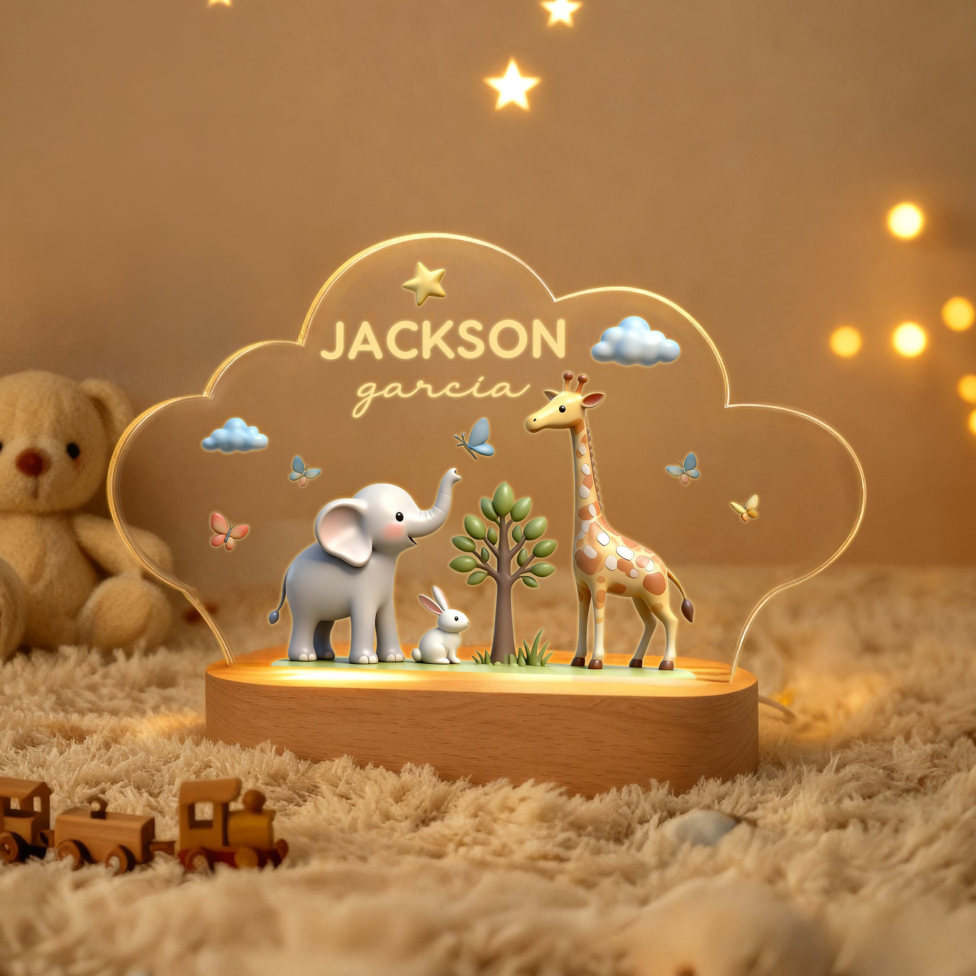 Personalizado lindo elefante conejo jirafa estilo nube acrílico LED luz de la noche con el nombre de texto y base de madera decoración de la guardería regalo de cumpleaños para los niños