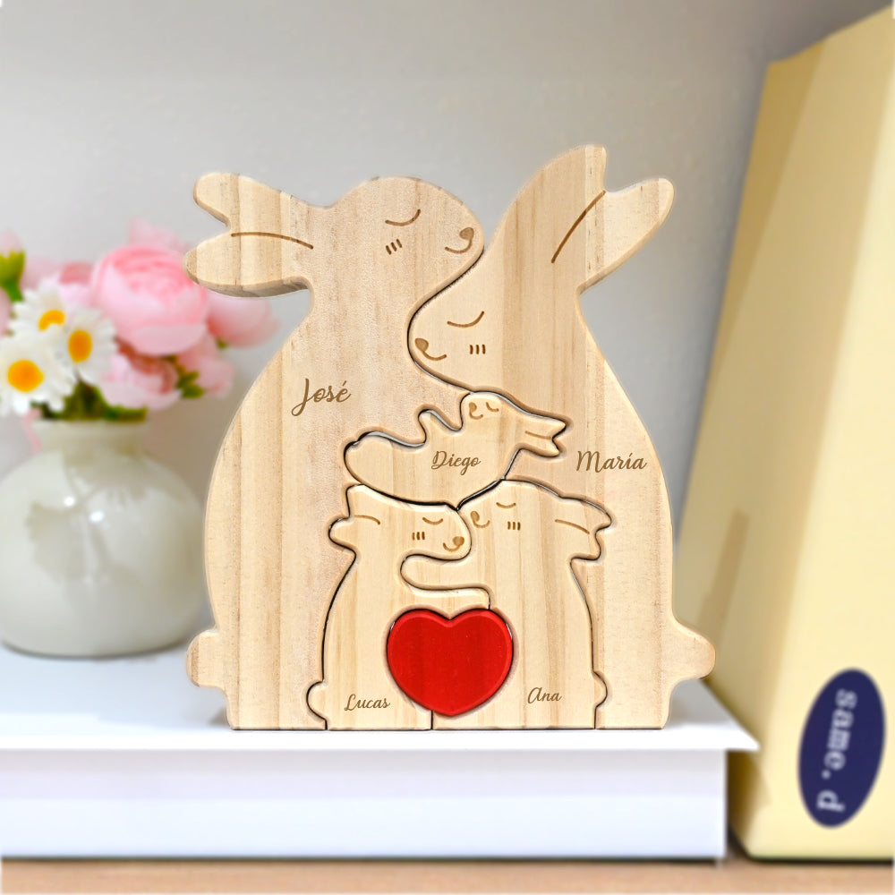 Rompecabezas de madera personalizado con familia de conejos y 2-5 nombres decoración de escritorio regalo de cumpleaños o aniversario para la familia