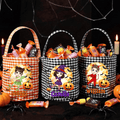 Personalizado lindo personaje de dibujos animados de calabaza de la luna a cuadros Bolsa de caramelo cubo con el nombre de Halloween Fiesta de Regalo para Niños