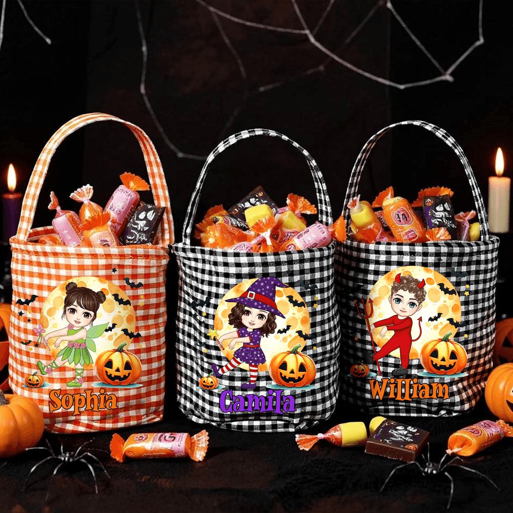 Personalizado lindo personaje de dibujos animados de calabaza de la luna a cuadros Bolsa de caramelo cubo con el nombre de Halloween Fiesta de Regalo para Niños