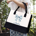 Personalizada Toile De Jouy Azul Lazo Blanco y Negro Impermeable Grande Bolsa de Lona con Nombre Cumpleaños Aniversario Regalo para Mujeres
