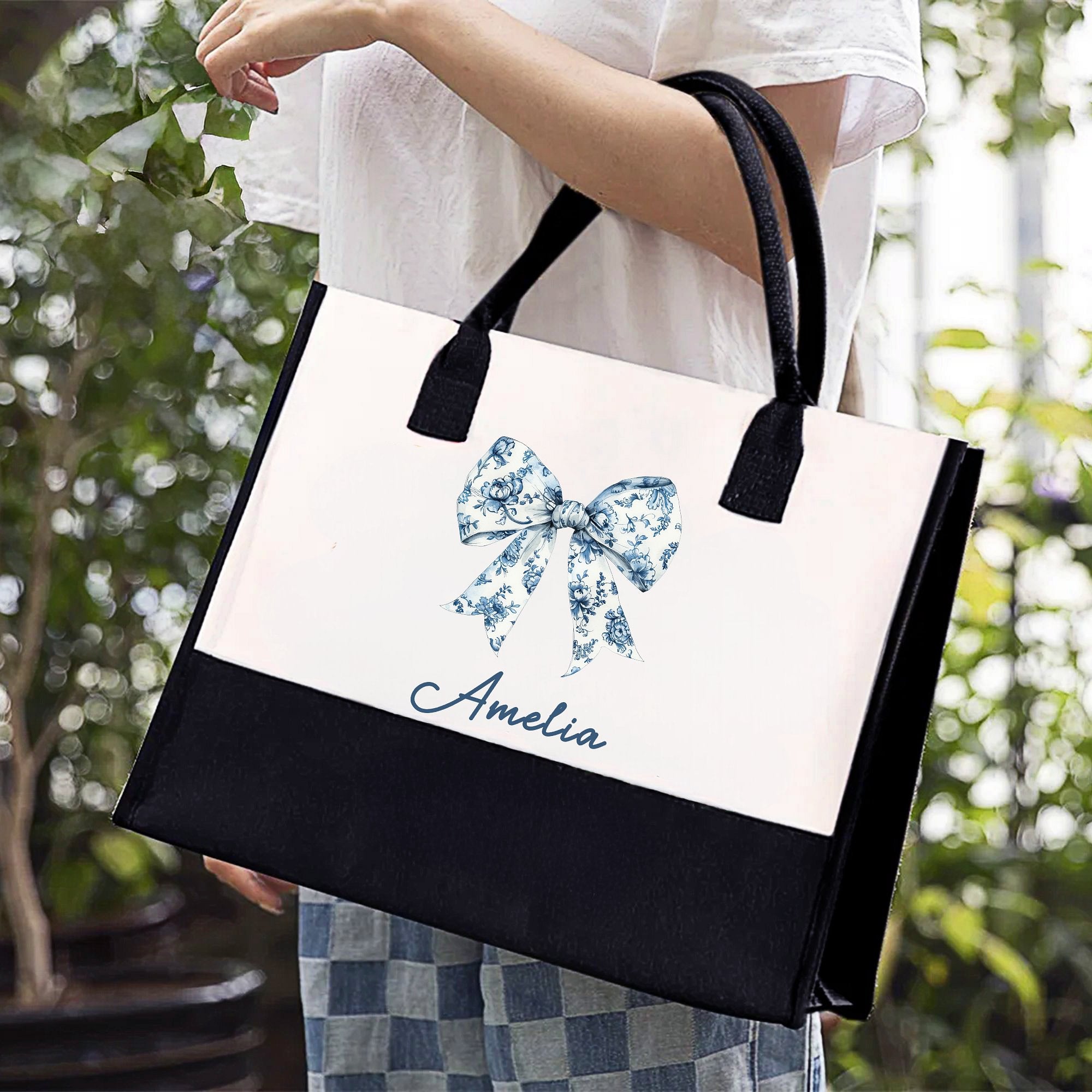 Personalizada Toile De Jouy Azul Lazo Blanco y Negro Impermeable Grande Bolsa de Lona con Nombre Cumpleaños Aniversario Regalo para Mujeres