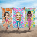 Toalla de playa de gran tamaño de secado rápido personalizada con lazo floral y personaje de dibujos animados y nombre Fiesta en la playa Regalo de vacaciones de verano para los amantes de la natación