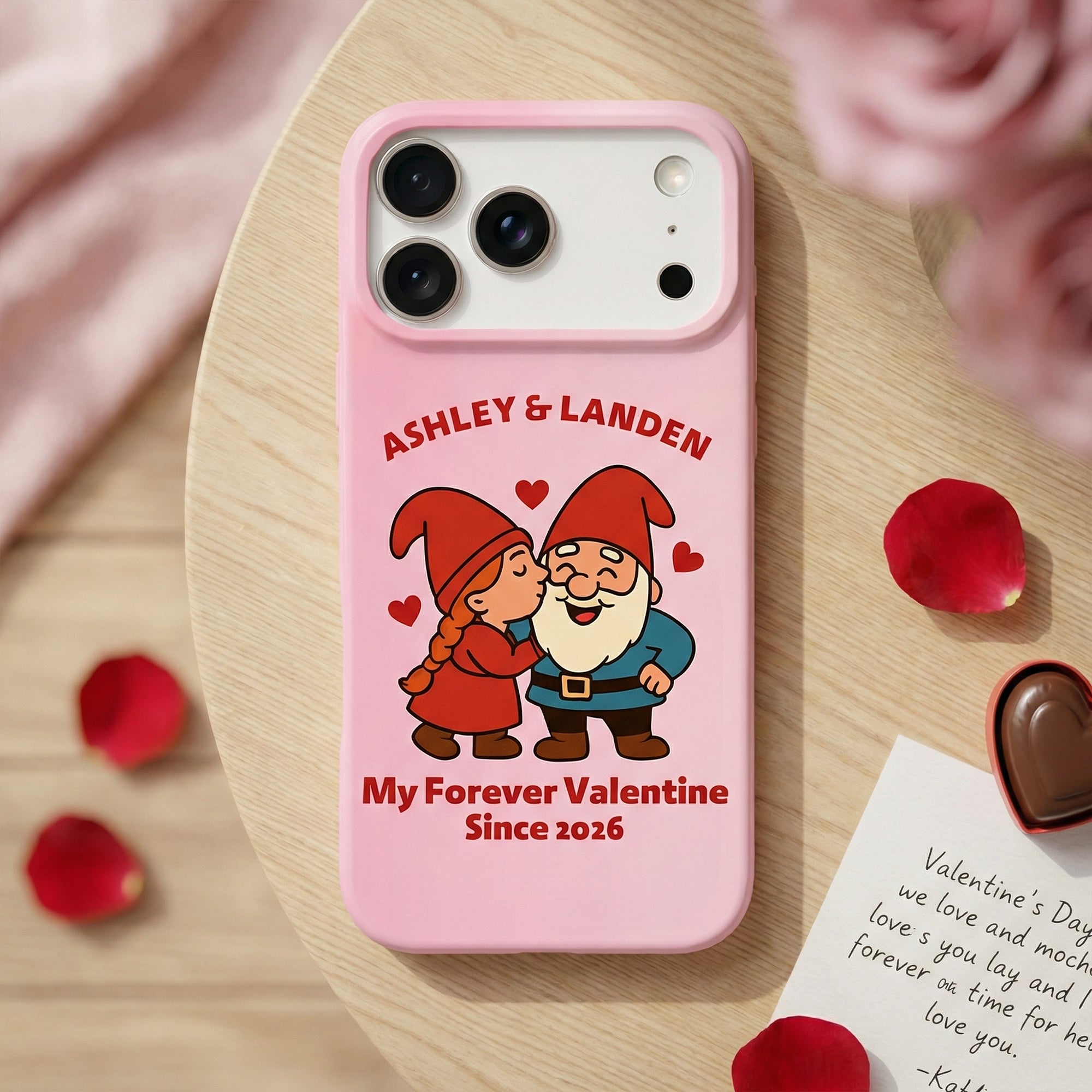 Personalizado lindo enano de la pareja del corazón de rosa TPU caso del teléfono con el nombre para el iPhone de uso diario Día de San Valentín Aniversario de regalo para parejas