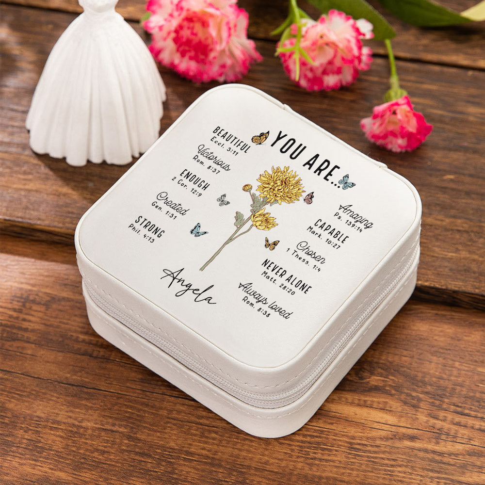 Personalizado You Are Versículo de la Biblia Flor de Nacimiento Joyero de Cuero con Nombre Esenciales de Viaje Cumpleaños Aniversario Regalo de Bautizo para Mujeres Cristianas