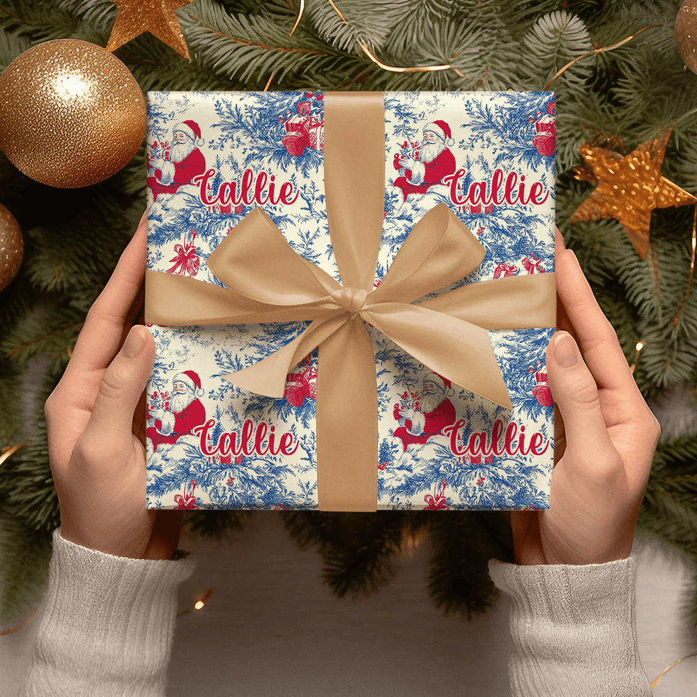 Papel de envolver personalizado Toile De Jouy Santa Claus con nombre Regalo de Navidad para amigos de la familia
