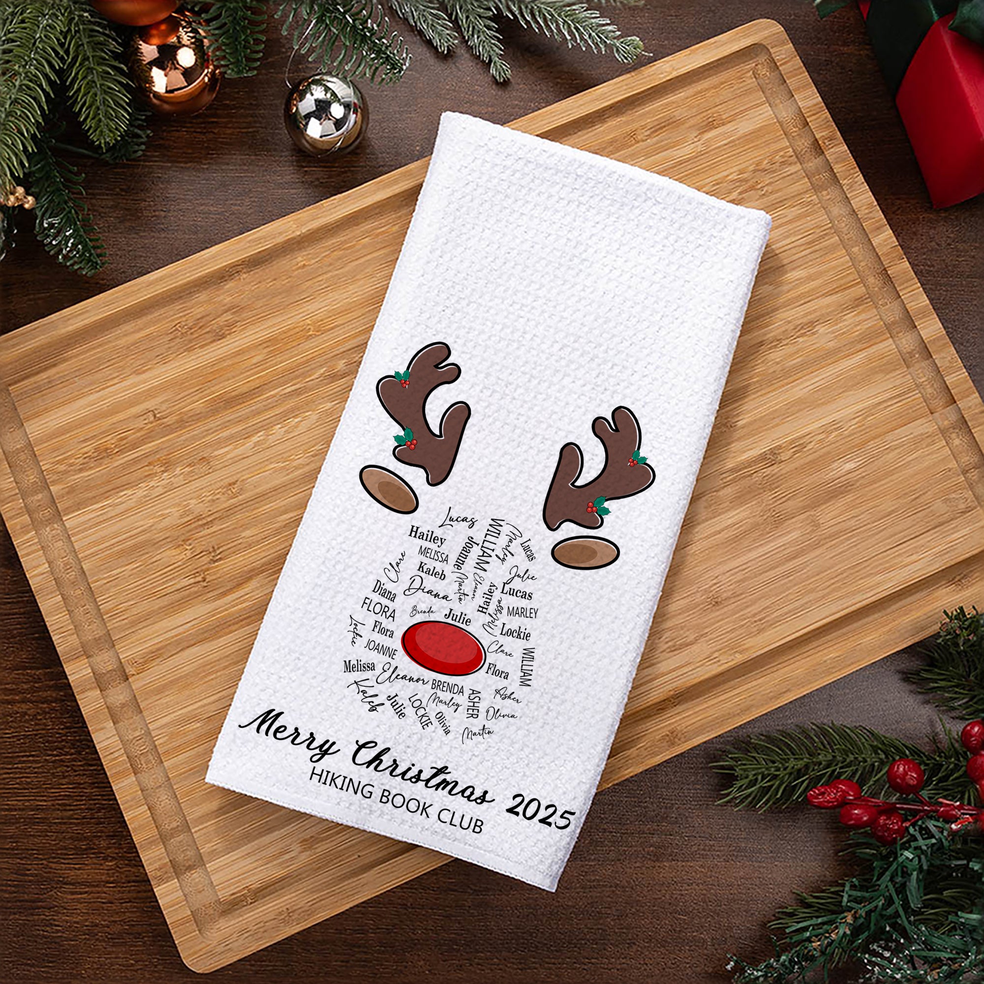Toalla de Té Personalizada con Diseño de Reno 100% Algodón con 1-18 Nombres y Texto para Uso en Cocina Regalo de Navidad para Amigos de la Familia