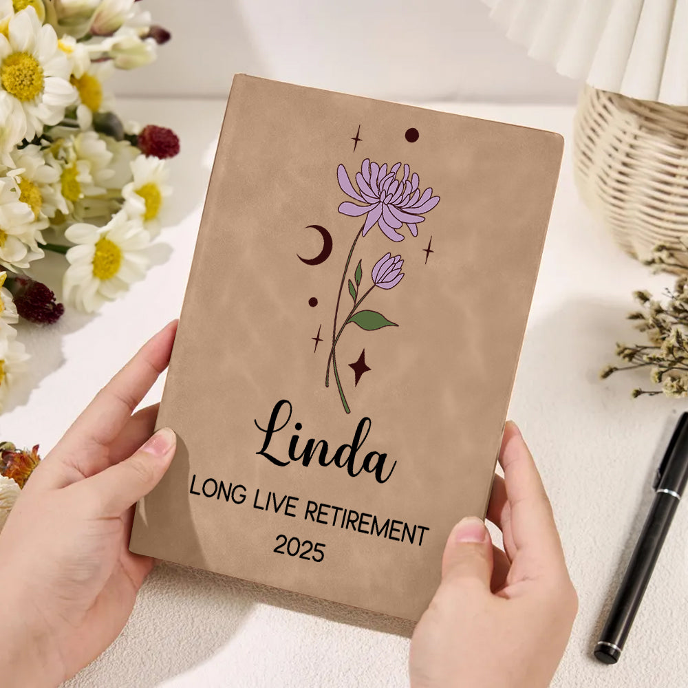 Personalizada Zodiac Nacimiento Flor A5 Cuaderno de cuero con 100 páginas rayadas y nombre Jubilación Nuevo Comienzo Regalo para jubilados Colegas