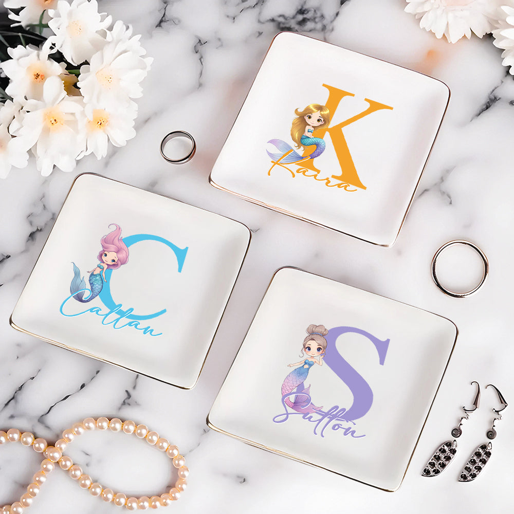Personalizada de dibujos animados de fantasía princesa sirena inicial de cerámica baratija joyería plato con el nombre de cumpleaños de regalo de fiesta para las hijas Besties niñas