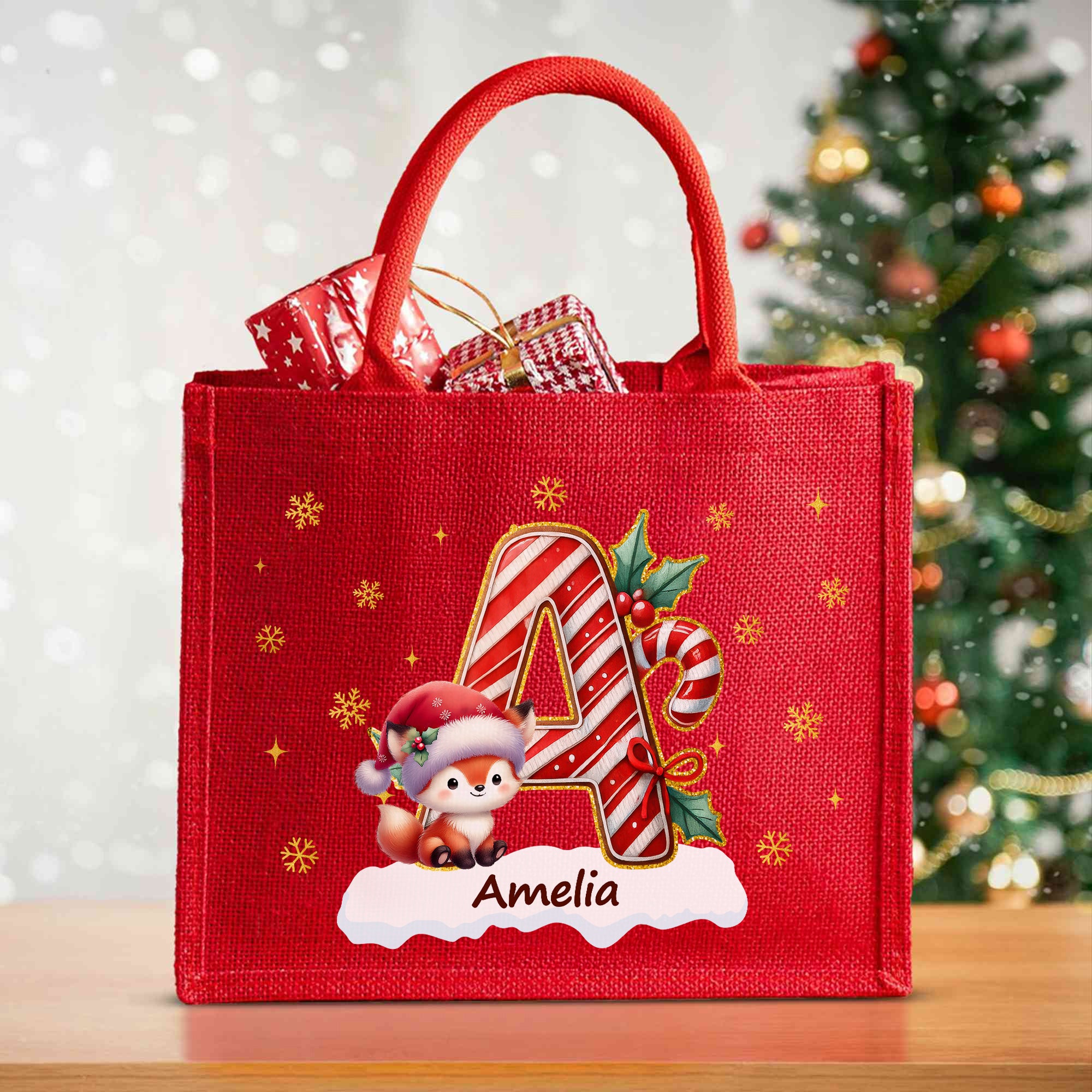 Personalizado lindo sombrero de Santa Animal acebo inicial grande bolsa de yute con nombre Navidad fiesta regalo para niños familia amigos