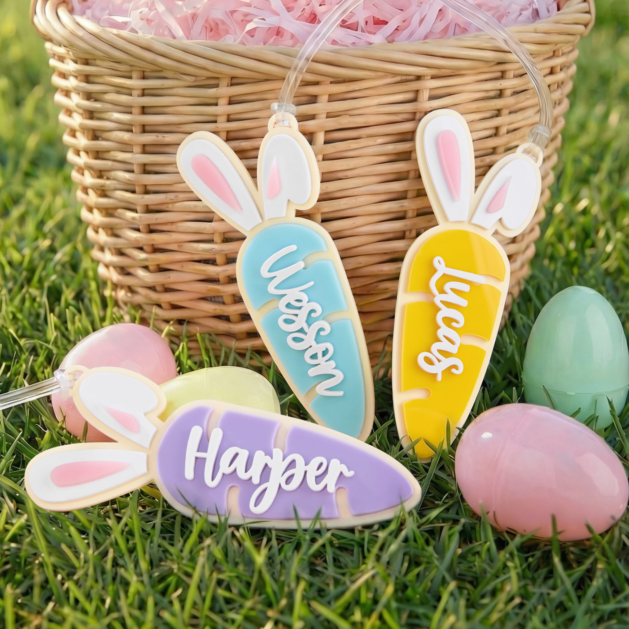 Conejo personalizado multicolor Orejas Zanahoria Cesta de acrílico etiqueta de nombre de la primavera del partido Favor Pascua Regalo para Niños Niñas