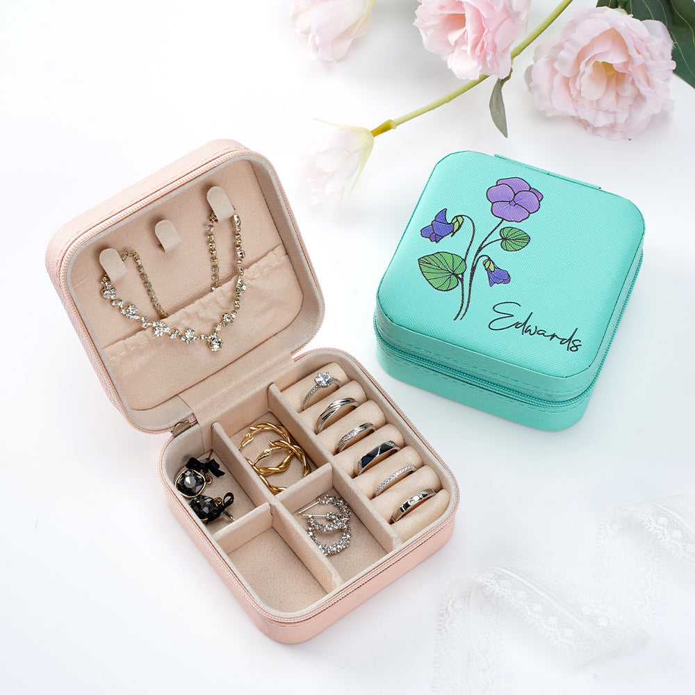 Personalizado Nacimiento Flor PU Joyero de cuero con nombre de viaje portátil esencial Cumpleaños Regalo de boda para las mujeres