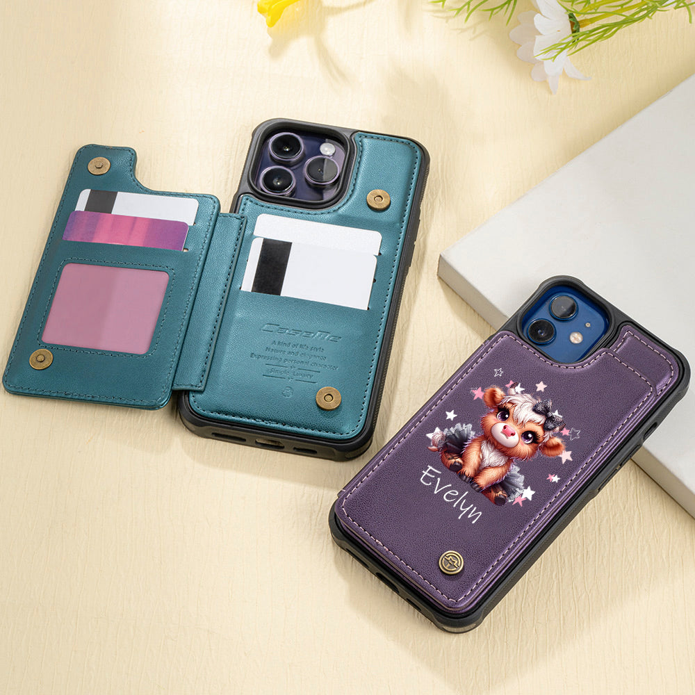 Personalizado lindo Highland Vaca PU Cuero Flip Cartera Funda de teléfono para iPhone con nombre RFID Bloqueo Tarjetero Regalo de cumpleaños para las mujeres