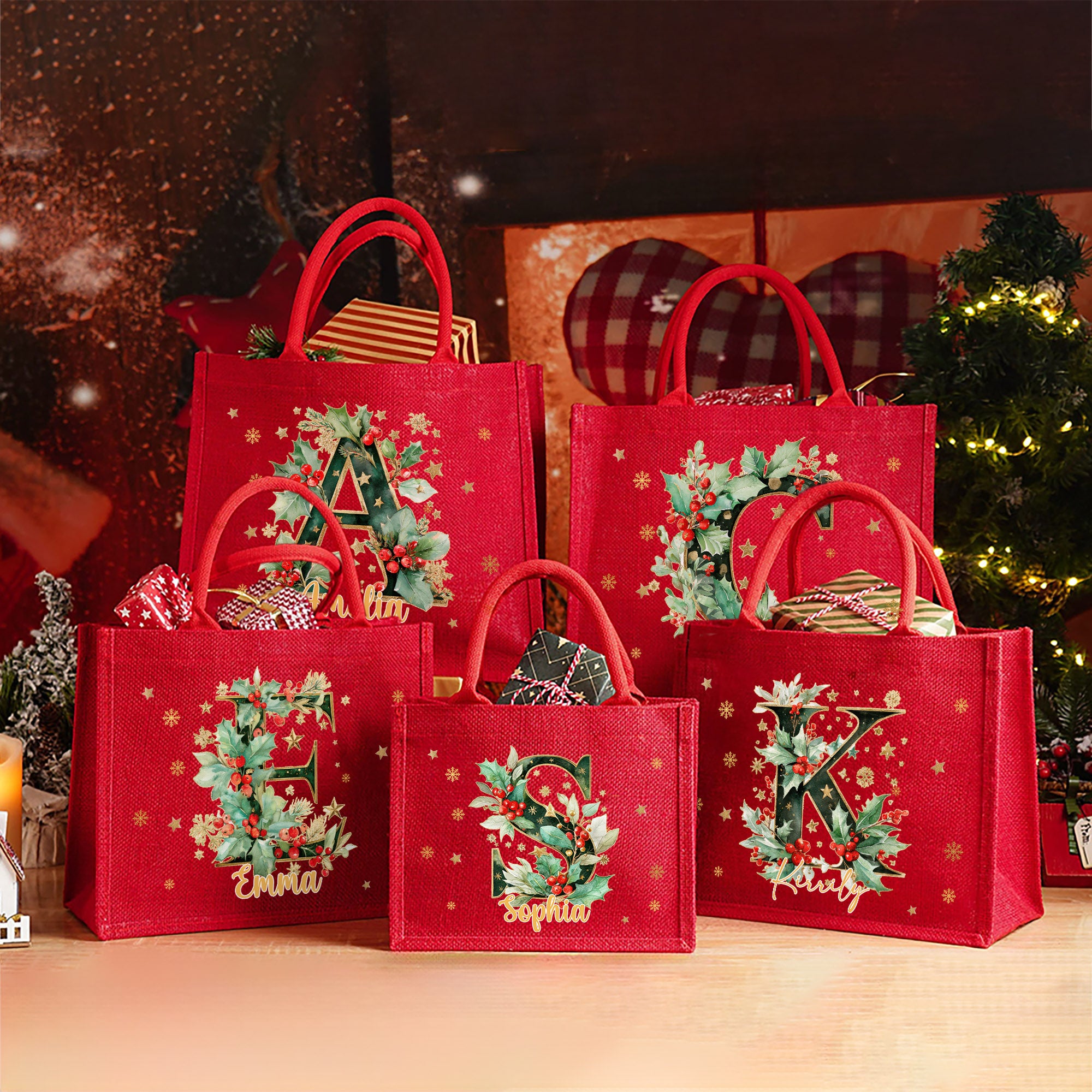 Bolsa de Yute Roja Personalizada con Nombre Holly Initial Grande Fiesta de Navidad Regalo para Niños Amigos