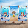 Toalla de playa personalizada de tamaño grande con personaje de dibujo animado y nombre regalo para fiesta en la playa para niños en verano