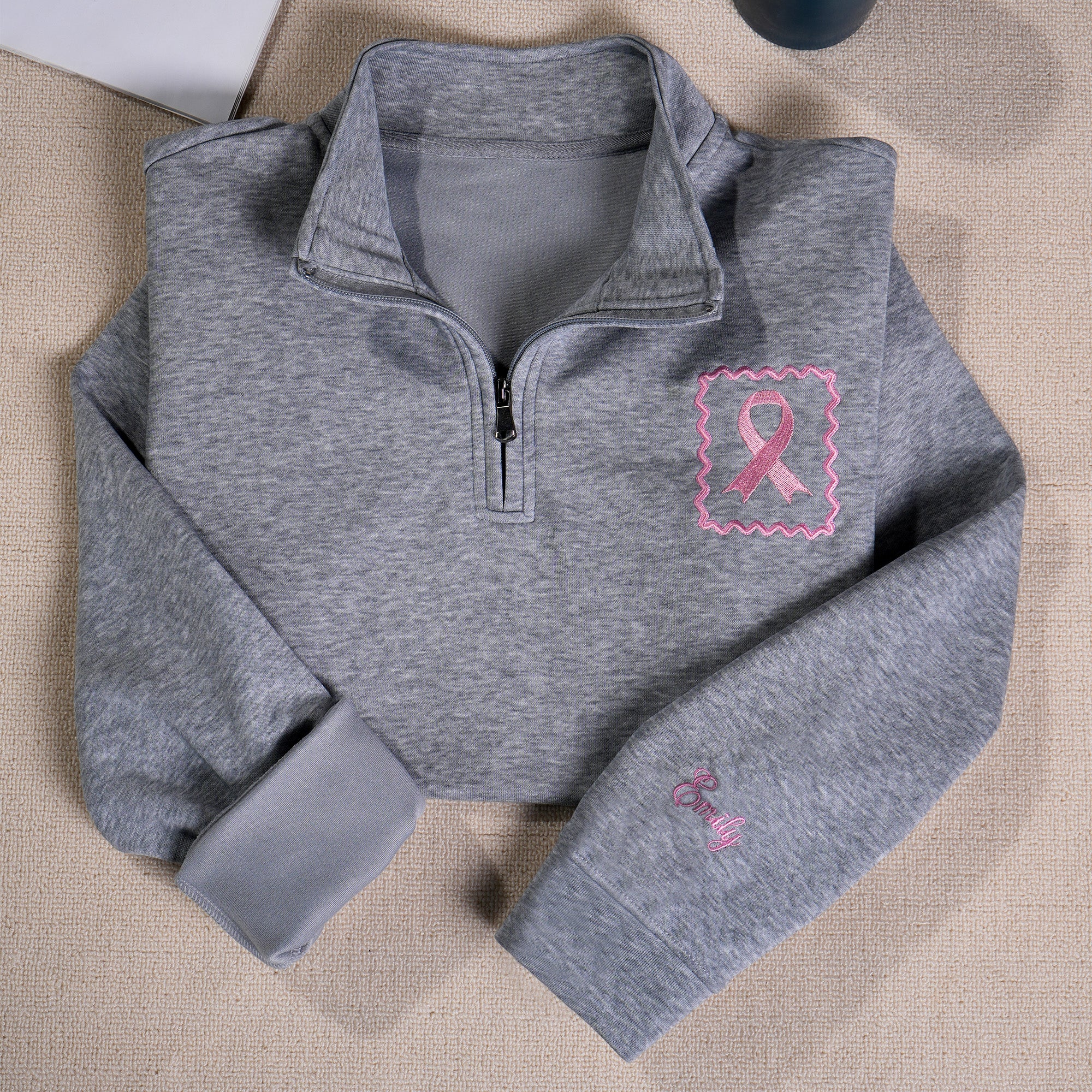Personalizada Multicolor Bordado Cinta Ondulada Borde Cuarto Sudadera con cremallera Sudadera con capucha con nombre Concienciación sobre el cáncer de mama Regalo para el cáncer de Superviviente